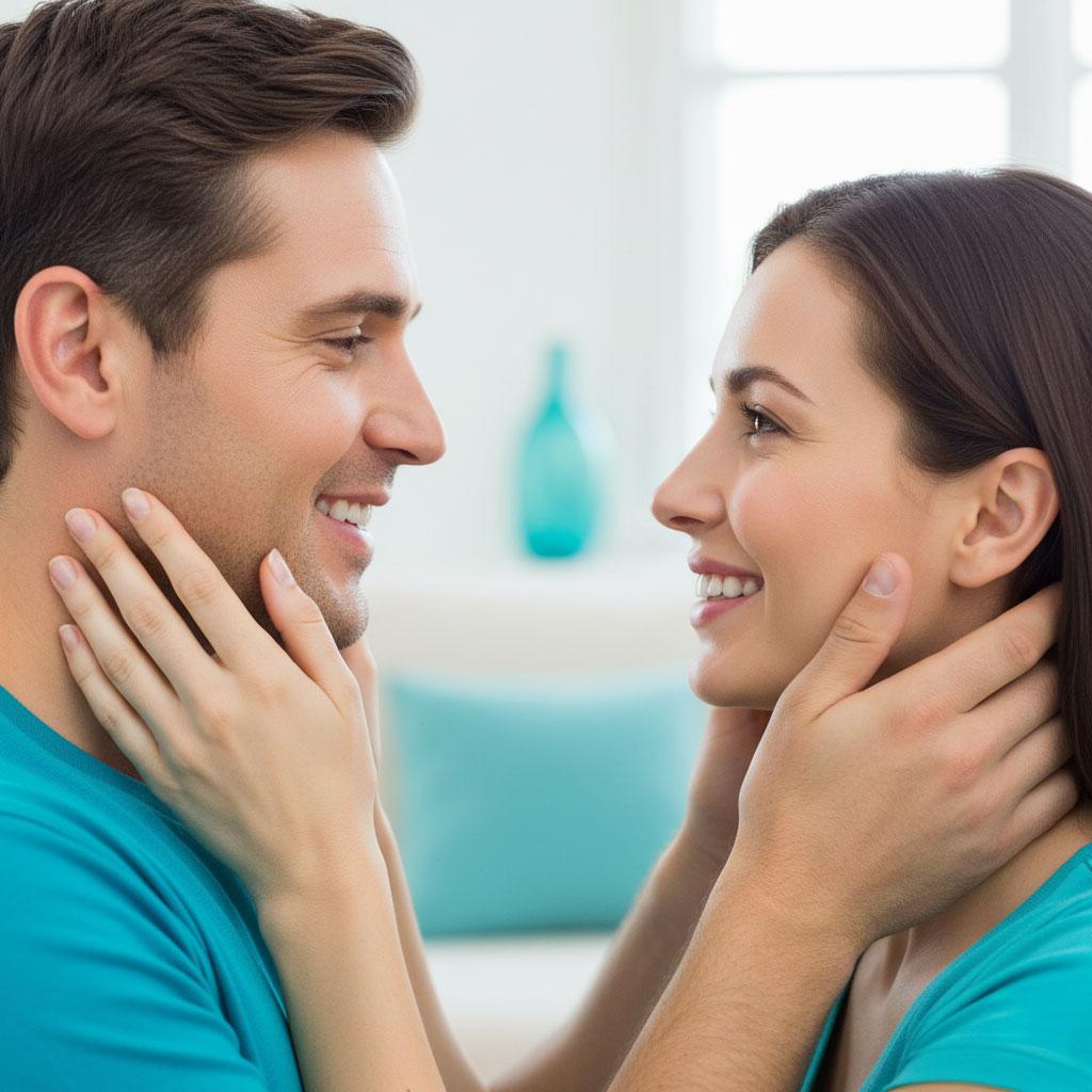 Glückliches Paar mittleren Alters, das sich nach einer erfolgreichen Hautverjüngung durch eine CO2-Laserbehandlung zärtlich das glatte Gesicht streichelt.