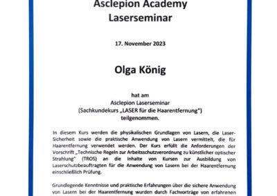 Teilnahmebestätigung der Asclepion Academy für Olga König von Ministry of Beauty.