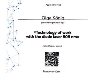 Zertifikat für die Arbeit mit dem 808 nm Diodenlaser für Olga König von Ministry of Beauty.